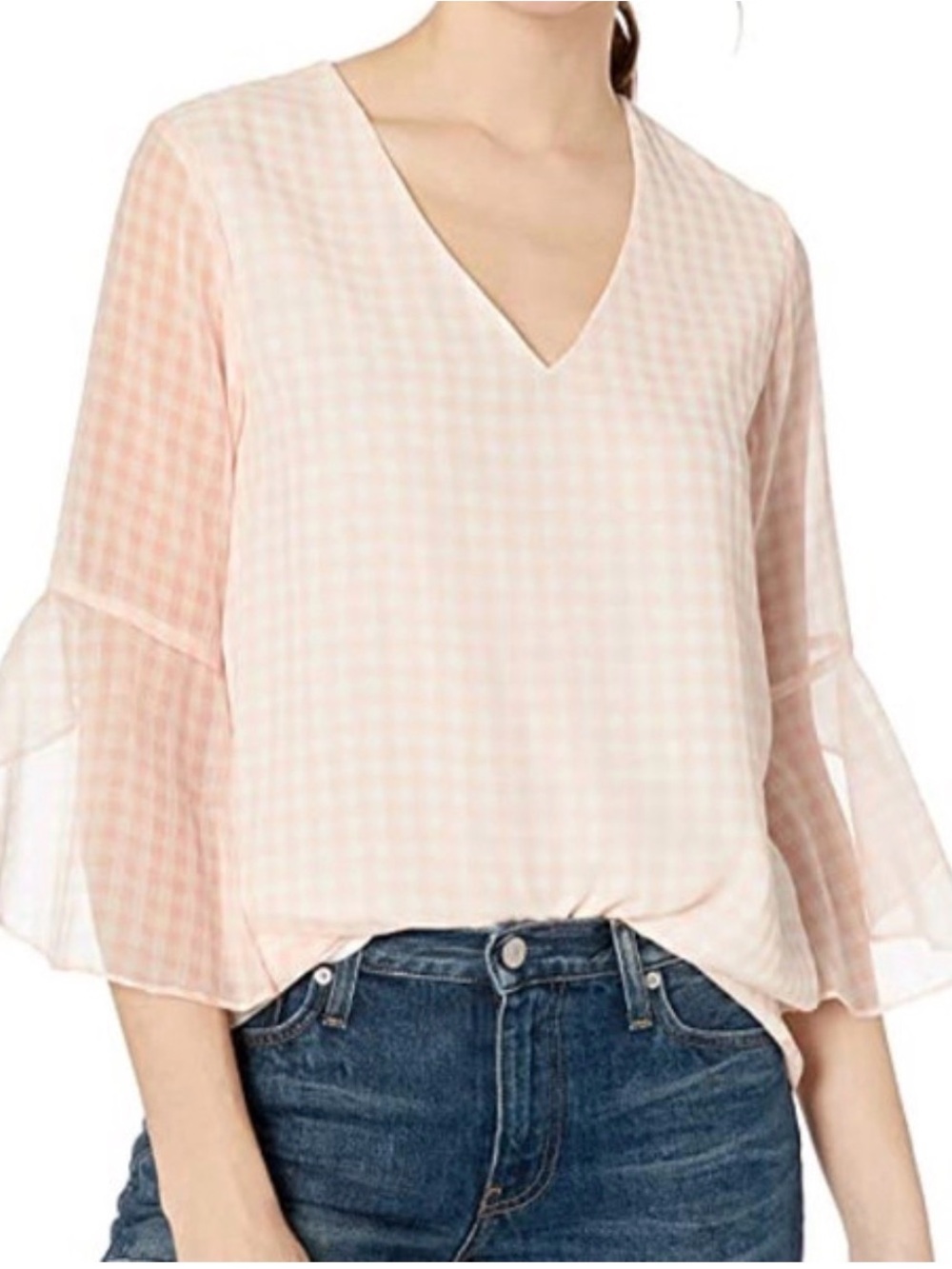 Calvin Klein Gingham V-Neck Bell Sleeve Blouse Women’s Size M